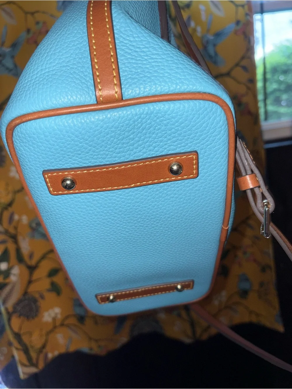 Dooney & Bourke Pebble Leather Tote Bag in Sky Blue with Brown Trim